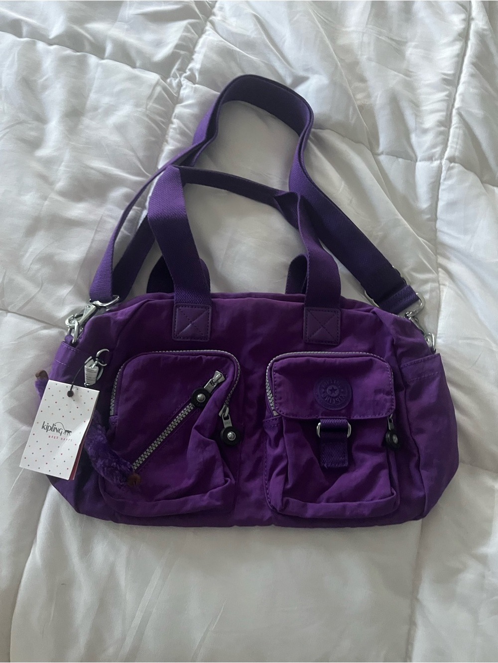 Kipling Vibrant Purple Nylon Multi-Pocket Shoulder Bag
